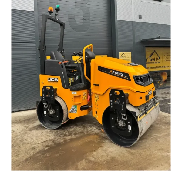 JCB tandem road roller outside a tool hire depot