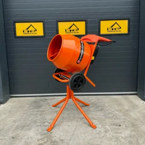 Orange cement mixer on a stand in front of a Warminster Tool Hire wall