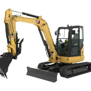 Yellow and black CAT mini excavator with tracks and a bucket