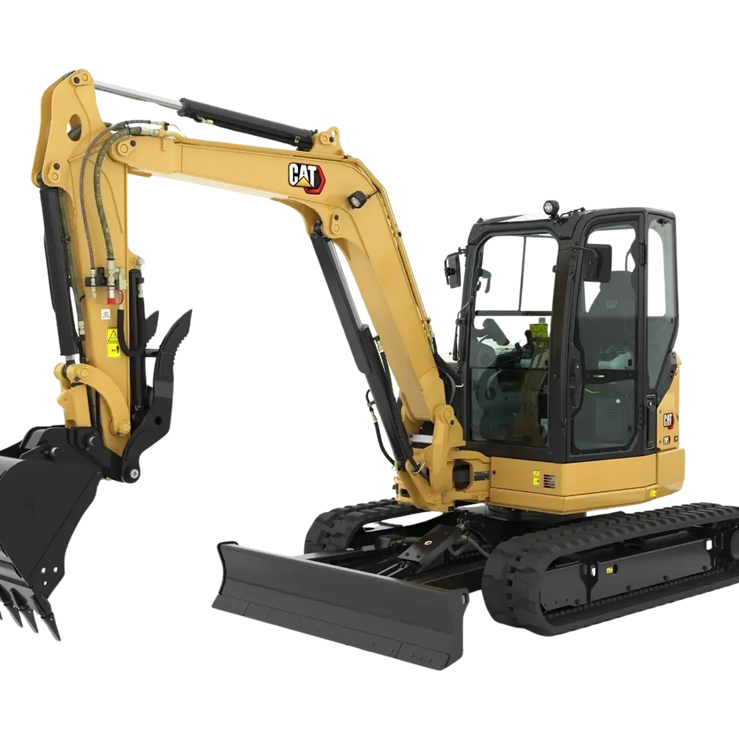 Yellow and black CAT mini excavator with tracks and a bucket