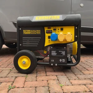 Portable Champion generator with 9375W starting and 7500W running watts, shown on a wheeled frame