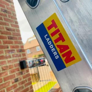Ladder brand sticker on a metal ladder