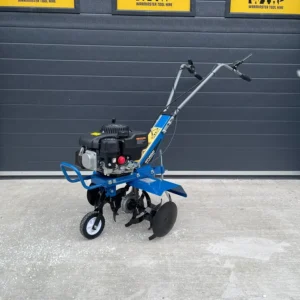 Petrol garden tiller with blue frame and handlebars