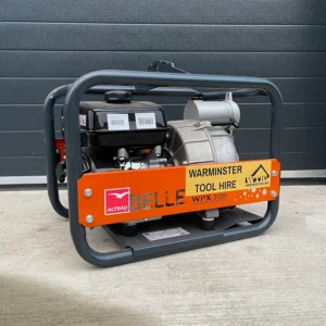 Portable petrol generator in a protective frame, branded Warminster Tool Hire and Altrad Belle